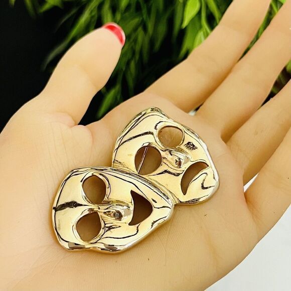 Vintage Comedy Tragedy Theater Face Mask Shiny Gold Tone Pin Drama Brooch 4326 - Picture 2 of 9